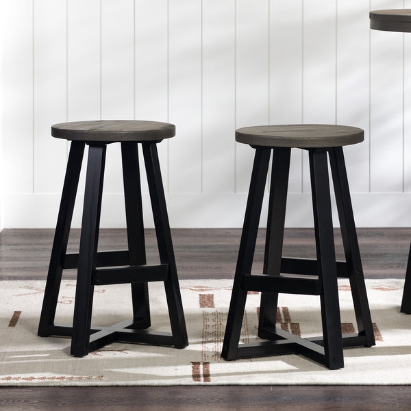 English Elm Walker Edison - Rustic Solid Pine Round Dining Stool in Distressed Grey Finish with Capped Feet, Lightweight Design B185P168990