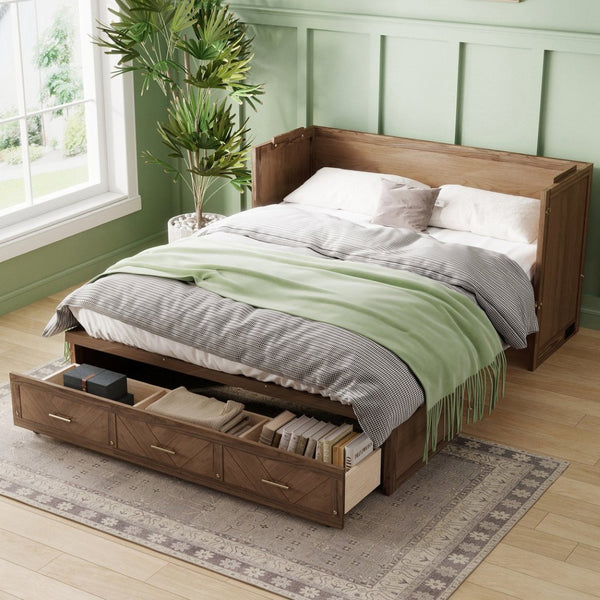 English Elm Queen Cabinet Murphy Bed Pine Wood Frame Geometric Panel Usb Charging Guest Room W504S00306
