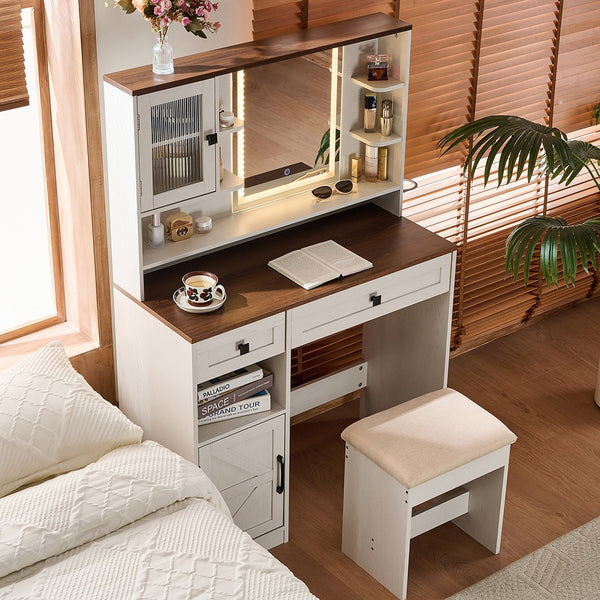 English Elm Farmhouse Makeup Vanity Desk with Lighted Mirror, Built-In Charging Station, Ample Storage and Stool White N844P291652M