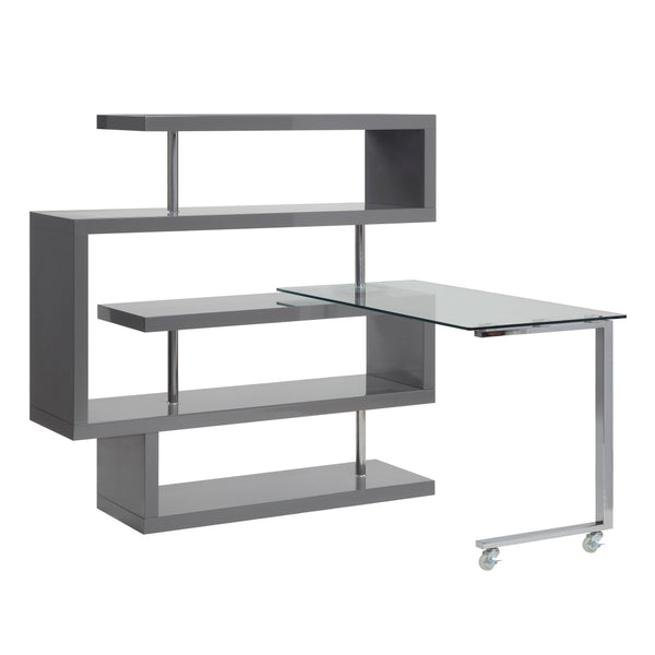 English Elm Buck Modern Buck Glass Writing Desk with Chrome High-Gloss Frame, 360° Swivel, Shelves & Wheels Gray 51 L x 28 W x 4.5 H B2726S00027