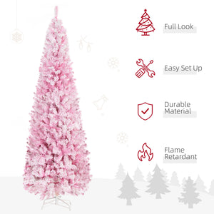 English Elm Homcom 7.5' Tall Slim Pencil Pink Snow Flocked Christmas Tree - Realistic Pine, Easy Setup & Customizable W2225P229660