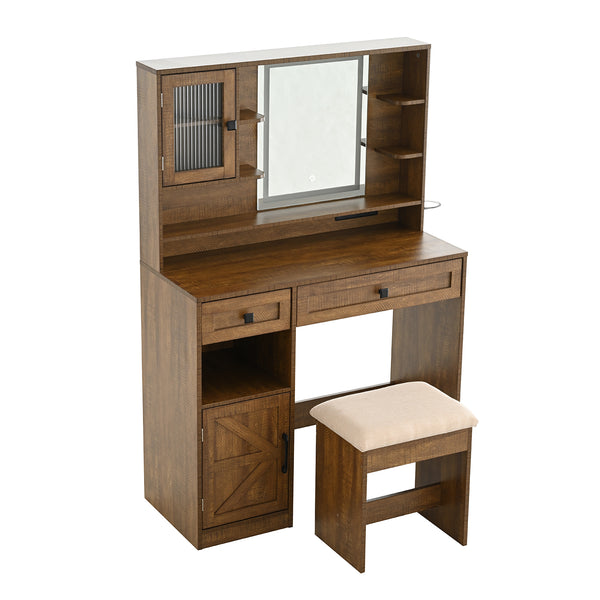 English Elm Farmhouse Makeup Vanity Desk with Lighted Mirror, Built-In Charging Station, Ample Storage and Stool Rustic Brown N844P291652W