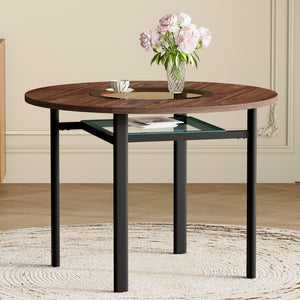 English Elm 42 Inch Round Dining Table Wood Grain Mdf Top Glass Inlay Metal Base Seats Six W1151P366397