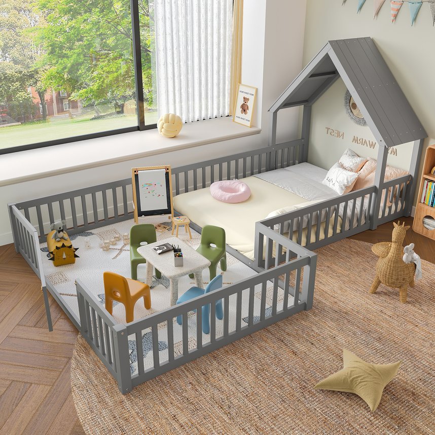 English Elm Full House Floor Bed with Door and Guardrails for Kids, Solid Wood Double Full, Safe Play Nook Grey W1580P354640
