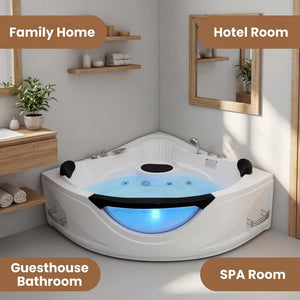 English Elm 59" Corner Whirlpool Tub for Two with Chromatherapy Jets and Blue Glass Panel W3605P361167