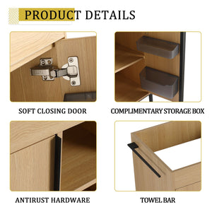 English Elm 48" Freestanding Bathroom Vanity Cabinet with 2 Soft-Close Doors, 3 Open Shelves, Towel Hanger, Boxes Designed for Organized Storage W999P376885