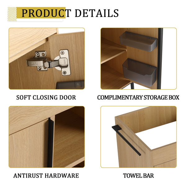 English Elm 48" Freestanding Bathroom Vanity Cabinet with 2 Soft-Close Doors, 3 Open Shelves, Towel Hanger, Boxes Designed for Organized Storage W999P376885