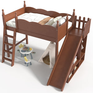 English Elm Twin Loft Bed Solid Pine Frame with Wardrobe Shelving Detachable Slide Kids Room Antique Natural W5305S00020