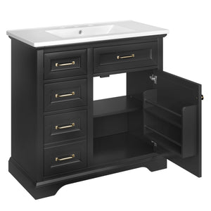 English Elm 36-Inch Modern Bathroom Vanity with Ceramic Basin, 4 Drawers & Soft-Close Door, Pre-Drilled Faucet Ready, Durable MDF and Solid Wood Construction (36"L x 18.3"W x 33.4"H) Black N725P296118B