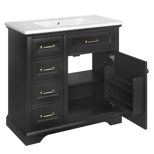 English Elm 36-Inch Modern Bathroom Vanity with Ceramic Basin, 4 Drawers & Soft-Close Door, Pre-Drilled Faucet Ready, Durable MDF and Solid Wood Construction (36"L x 18.3"W x 33.4"H) Black N725P296118B