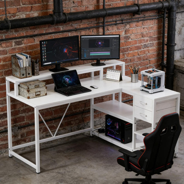 English Elm Writing Desk with Five Drawers Reversible Cabinet Home Office Vanity Workstation T3971P450832