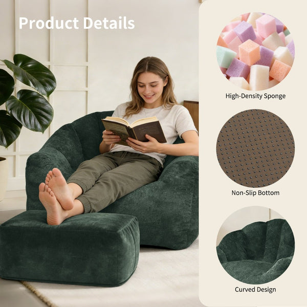 English Elm Bean Bag Lounge Chair with Armrests High Density Memory Foam Adult Seating Green W3737P423759