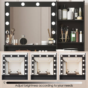 English Elm Vanity LED Mirror Dressing Table with 12 Bulbs, Adjustable 3-Mode Brightness and Large Drawer Storage Black W3457P336677