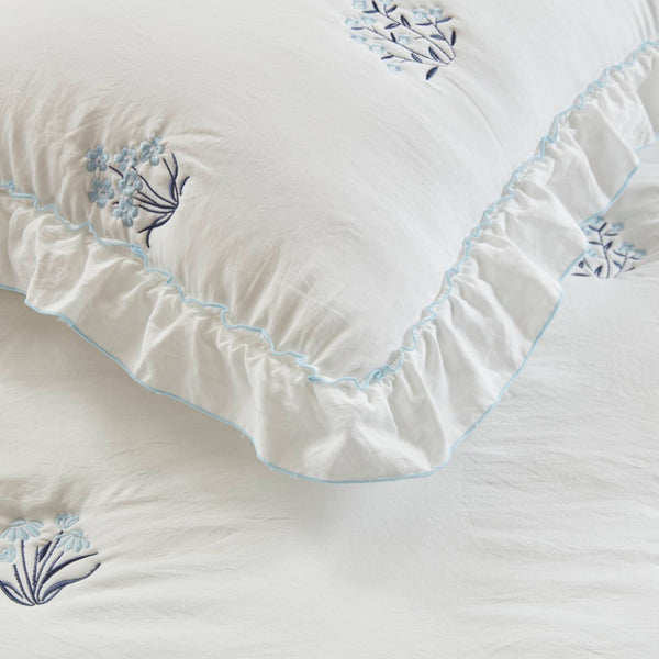 English Elm 2-piece Floral Embroidered Twin Quilt Set Romantic Ruffled Border Soft Down Alternative Fill White+Blue B035P463189