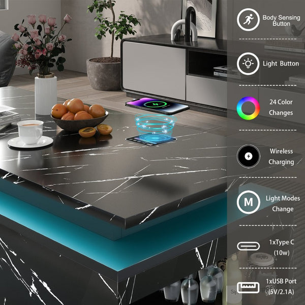 English Elm Coffee Table with Led Lighting Bluetooth Speaker Wireless Charging and Faux Marble Top Black T3773P415725