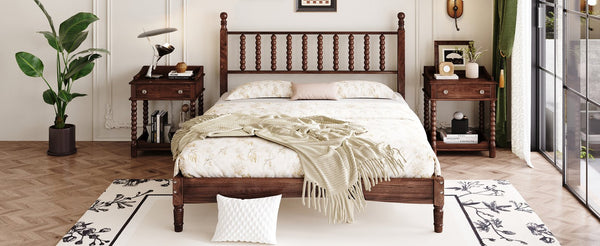 English Elm Queen Wood Platform Bed with Gourd-Shaped Headboard, Retro-Inspired Solid Frame, Slat Support, Sturdy Elegance Walnut 64.8 L x 17.5 W x 9.5 H N733P206242D