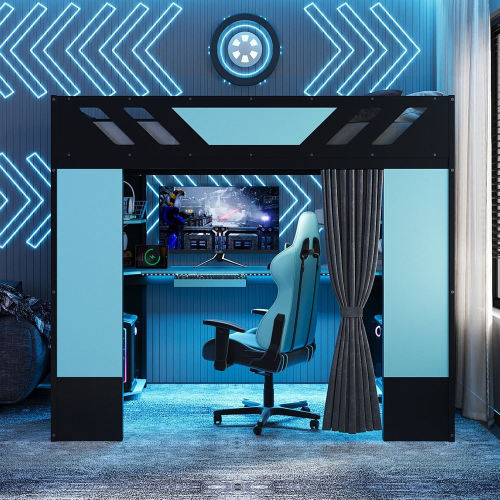 English Elm Full Size Loft Bed with Desk Blackout Curtains Rgb Lighting and Integrated Storage Black+Blue LT000377AAC