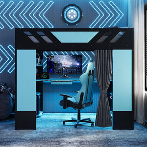 English Elm Full Size Loft Bed with Desk Blackout Curtains Rgb Lighting and Integrated Storage Black+Blue LT000377AAC