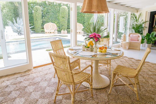 Chelsea House Biscayne Handwoven Rattan Dining Table With Tempered Glass Top — Midcentury Coastal Tulip Style, Seats 8 44247926