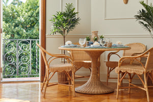 Chelsea House Biscayne Handwoven Rattan Dining Table With Tempered Glass Top — Midcentury Coastal Tulip Style, Seats 8 44247926