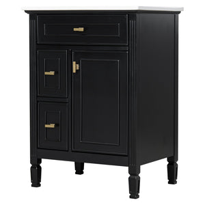 English Elm 24-Inch Bathroom Vanity with Sink, Solid Wood & MDF, Ceramic Top, Gold Handles, Flip Drawer Design Black N725P350824B