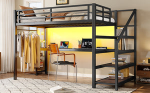 English Elm Twin Xl Metal Loft Bed with Stair Storage Shelves Sturdy Steel Frame for Dorms W1580S00481