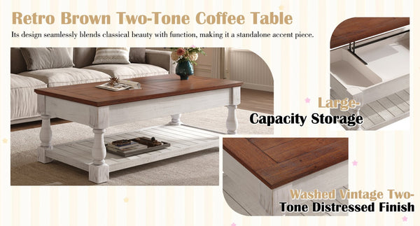 English Elm Farmhouse Coffee Table Solid Planked Wood with Open Shelf Square Baluster Living Room Antique Espresso,Antique White W1445P362858
