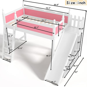 English Elm Twin Loft Bed Solid Pine Frame with Wardrobe Shelving Detachable Slide Kids Room Pink+White W5305S00016