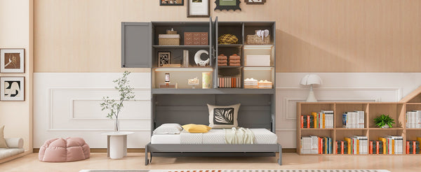 English Elm Twin Murphy Bed with Cabinet Shelves Built in Lighting Usb Ports Space Saving Wall Unit Gray LP000389AAE-1