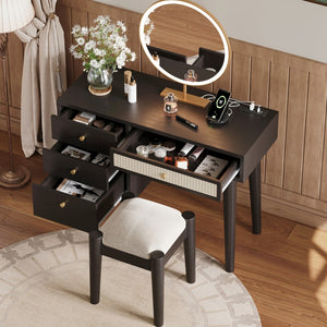 English Elm 39" Retro Bohemian Style Wooden Makeup Vanity Set With Charging Plug&Usb Port and Stool, Dressing Table With 3 Storage Drawers and 1 Rectangular Rattan Drawer, Black