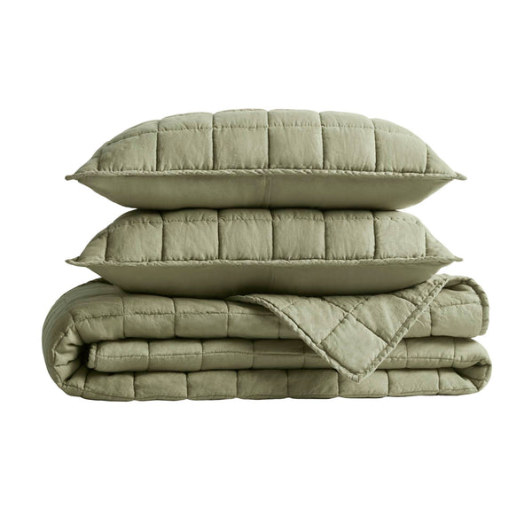 JLA Home Harbor House - Linen Garment-Washed Quilt Set with Tailored Piping, OEKO-TEX Certified French Linen Softness Olive Green HHD14-1924