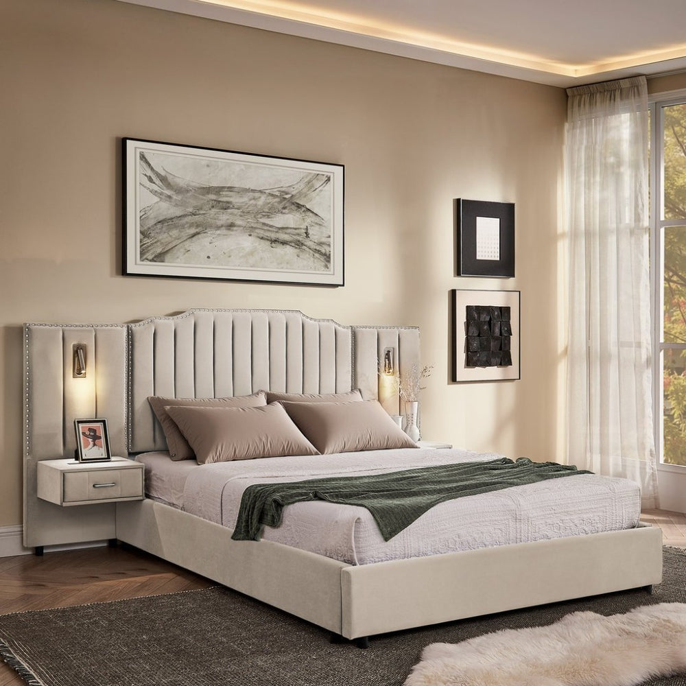 English Elm Queen Velvet Platform Bed with Tufted Headboard Integrated Nightstands and Striped Design Beige W487S00440