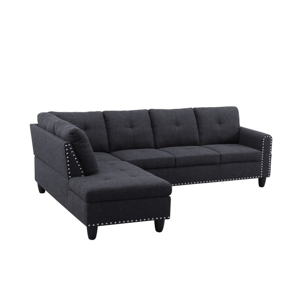 English Elm Black Faux Leather L Shaped Sectional with Cup Holders Nailhead Trim Storage Charcoal Grey B2730S00029