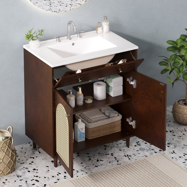 English Elm 30" Rattan Front Bathroom Vanity Solid Pine Cabinet with Ceramic Sink and Adjustable Shelf Walnut N710P293988P