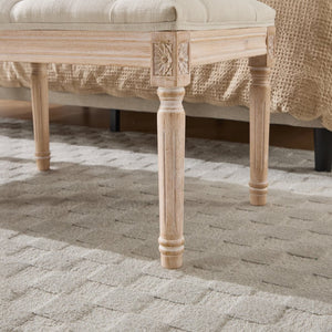 English Elm Bedroom Bench Linen Tufted Seat with Hand Carved Rubberwood Legs French Country Style W3244P500175