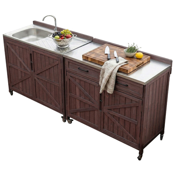 English Elm K&k Outdoor Prep Station Stainless Steel Top Fir Wood Cabinet with Drawer and Wheels Dark Brown N707P370273Z