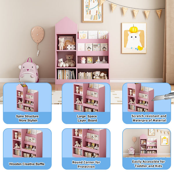 English Elm Pink Kids Wooden Bookshelf Toy Organizer with 6 Compartments, 2 Bins & Cubby Shelves - Sturdy MDF Storage for Nursery W2876P233556
