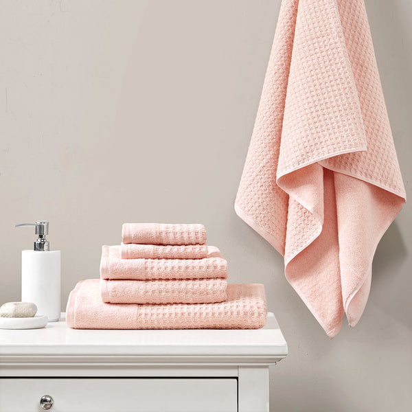 JLA Home Madison Park - Cotton Waffle Jacquard Antimicrobial Bath Towels 6-Piece Spa Set — Quick-Dry, OEKO-TEX Certified, Plush Pink MP73-6220