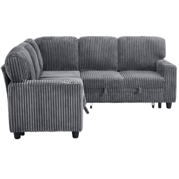 English Elm L-shaped Sectional Sleeper Sofa with Hidden Storage Usb Charging Corduroy Upholstery Grey W1998S00092