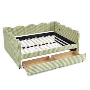 English Elm Full Size Gingham Linen Daybed with Wave Backrest Trundle and Usb Charging Port Green W1413S00147