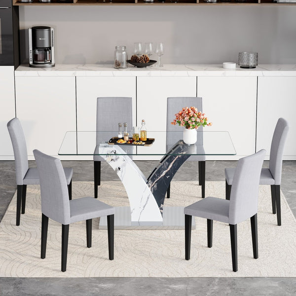 English Elm Table And Chair Set - Modern Glass Dining Table With 6 Light Gray Linen-Cotton Chairs For Comfort W1151S03807-GIGA