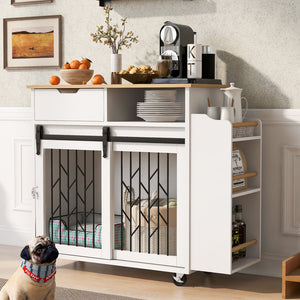 English Elm 2 IN 1 Modern Dog Crate Kitchen Island with Storage, Rolling Lockable Casters, Sliding Doors & Drawer N843P256452R