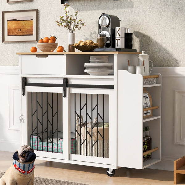 English Elm 2 IN 1 Modern Dog Crate Kitchen Island with Storage, Rolling Lockable Casters, Sliding Doors & Drawer N843P256452R