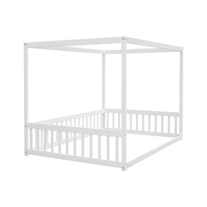 English Elm Full Full Size Canopy Frame Rubber Wood Floor Bed with Fence Guardrails White – Imaginative Kids Retreat, 400 lb Capacity, Malaysian Craftsmanship W504P364861