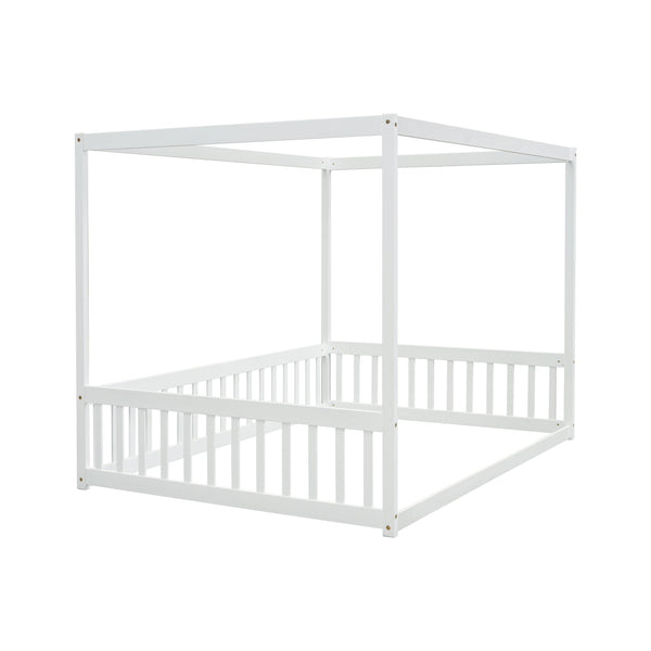 English Elm Full Full Size Canopy Frame Rubber Wood Floor Bed with Fence Guardrails White – Imaginative Kids Retreat, 400 lb Capacity, Malaysian Craftsmanship W504P364861