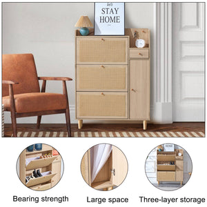 English Elm Modern minimalist wood rattan shoe cabinet with vine design – compact MDF storage for halls, living rooms W1512P360384