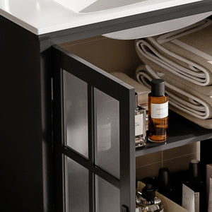 English Elm Christopher Knight Home® - 30" Modern Bathroom Vanity with Ceramic Sink, Tempered Blurred Glass Doors, Rubber Wood Frame Storage Matte Black N817P279904B