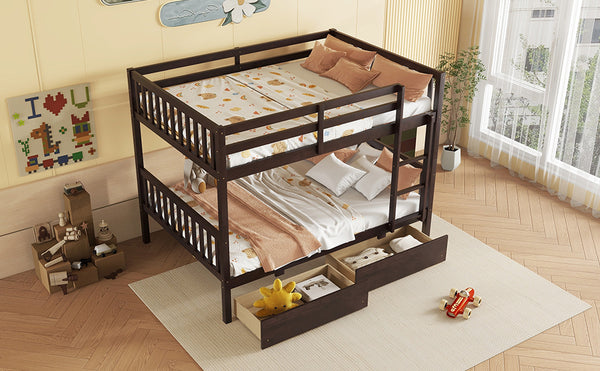 English Elm Full Full Over Full Rubber Wood Bunk Bed With 2 Storage Drawers, Convertible Into 2 Separate Beds, Espresso W504S00196