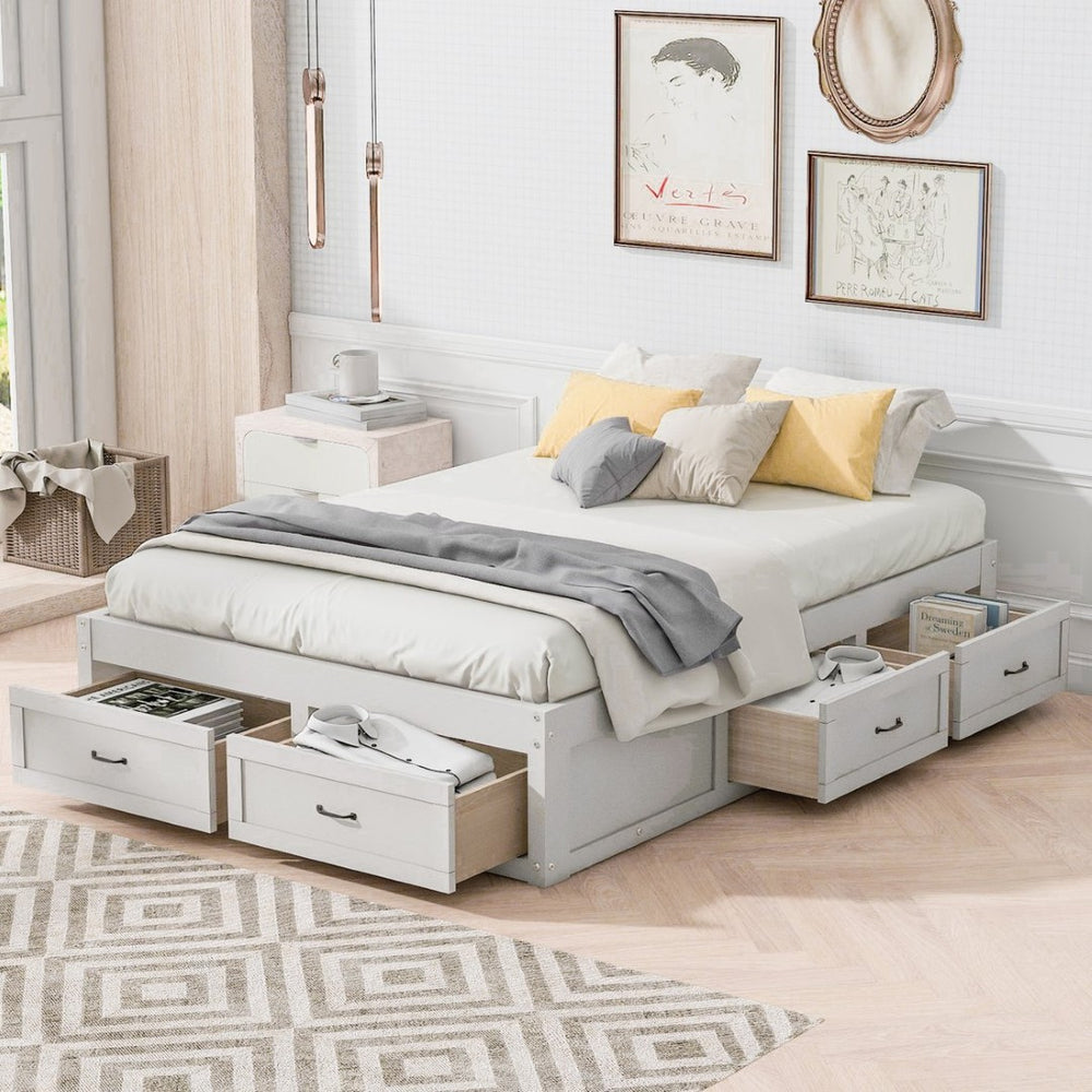English Elm Full Platform Bed Six Built in Storage Drawers Low Profile Contemporary Frame Antique White N708P263021K-1