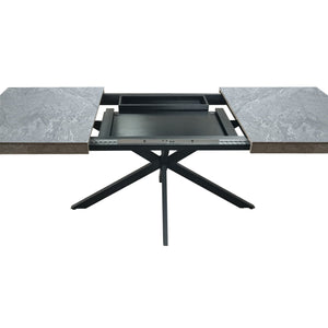 English Elm 55.11" Retro Rectangular Stretch Dining Table with Grey Stone Top, Black Iron Cross Legs & Storage Box W757P209558